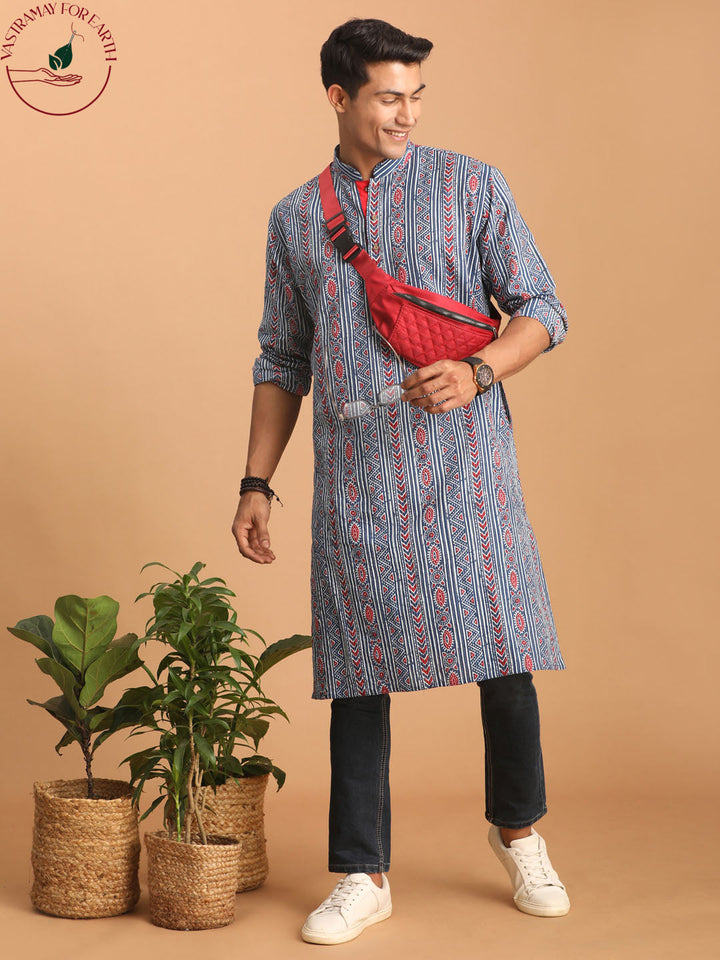 SHVAAS By VASTRAMAY Men's Indigo Printed cotton Kurta