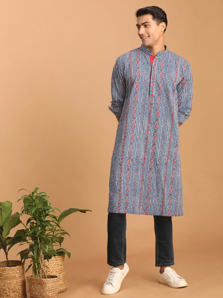 SHVAAS By VASTRAMAY Men's Indigo Printed cotton Kurta