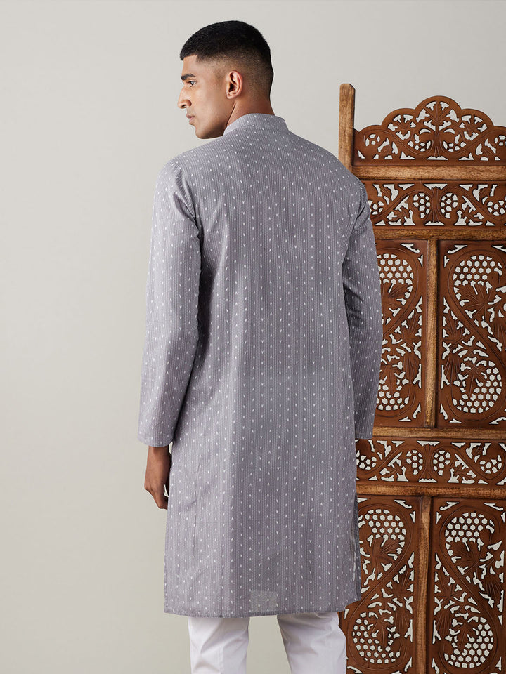  Side view of the SHVAAS By VASTRAMAY Men's Grey cotton Jacquard Kurta with button placket and long sleeves