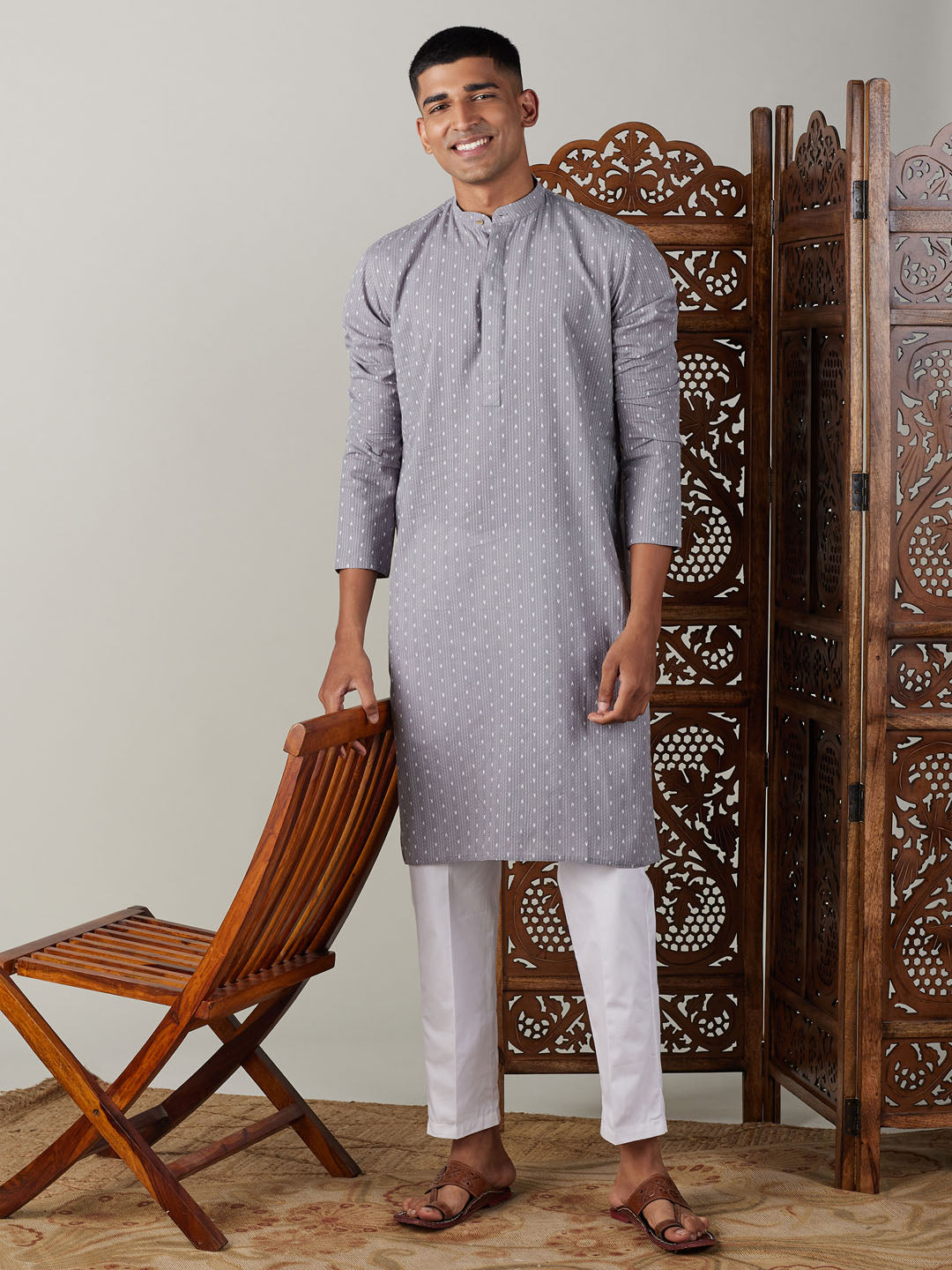 SHVAAS By VASTRAMAY Men's Grey cotton Jacquard Kurta