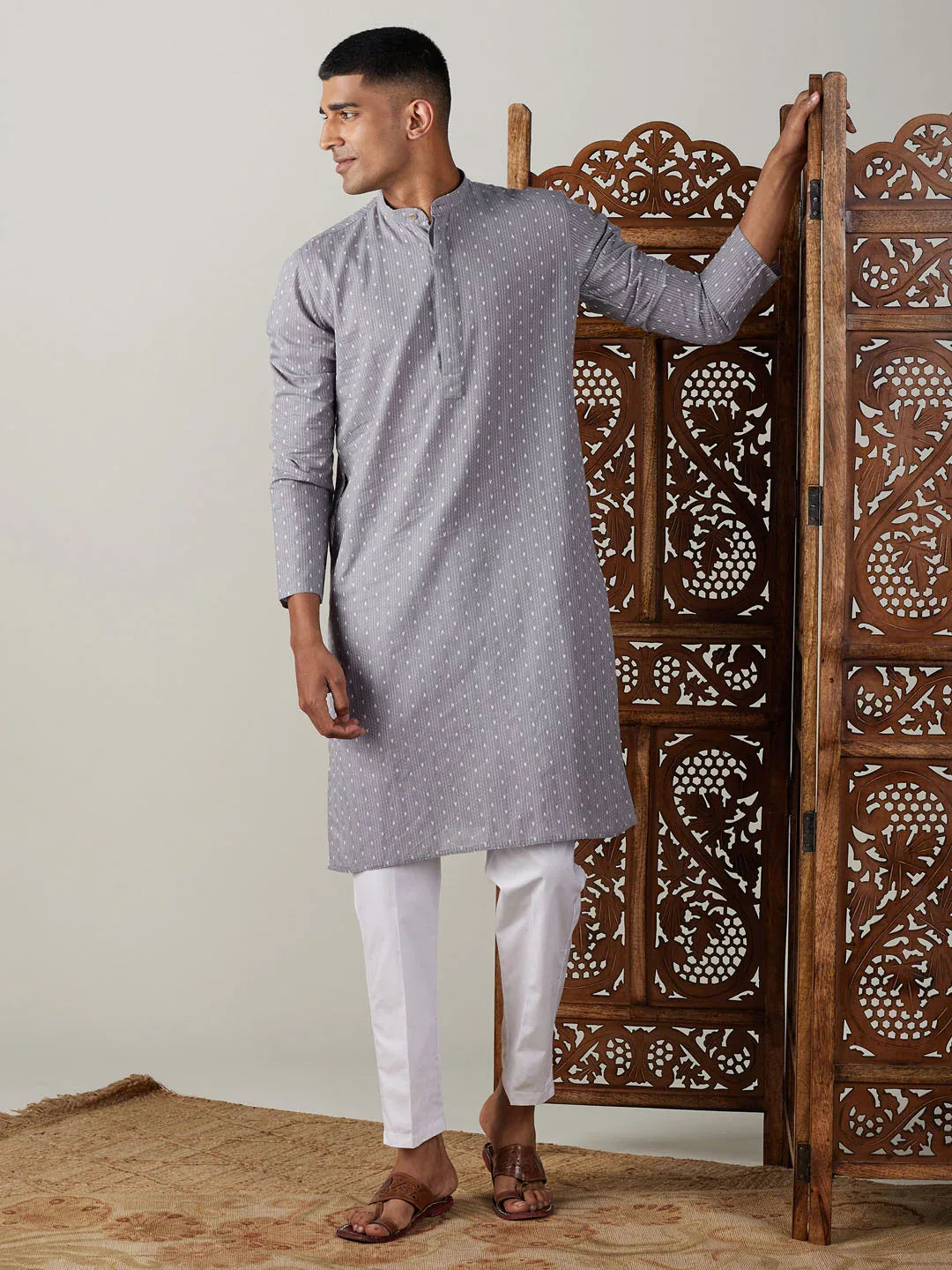 Men's Grey Cotton Jacquard Kurta With White Pant Set