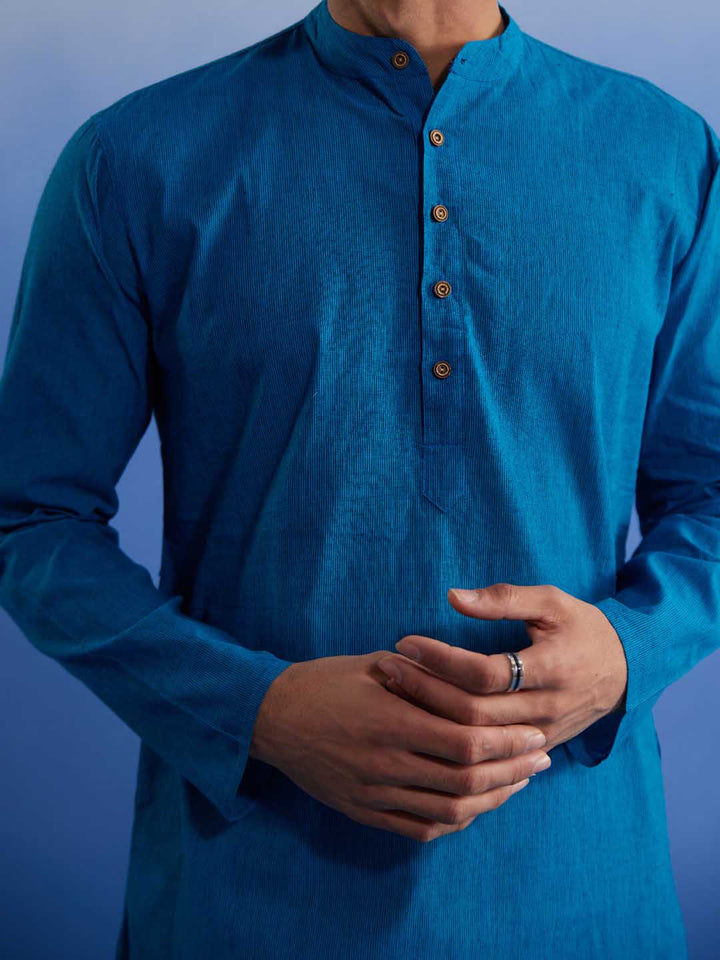 VASTRAMAY Men's Aqua Blue Pure Cotton Handloom Kurta Pyjama Set