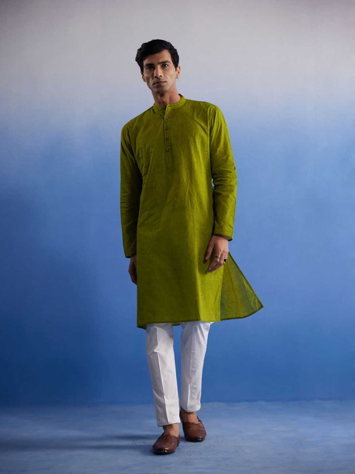 VASTRAMAY Men's Green Pure Cotton Handloom Kurta Pyjama Set