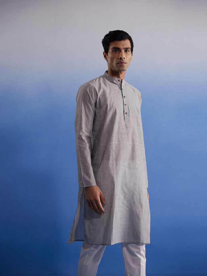 SHVAAS By VASTRAMAY Men's Grey Pure Cotton Handloom Kurta