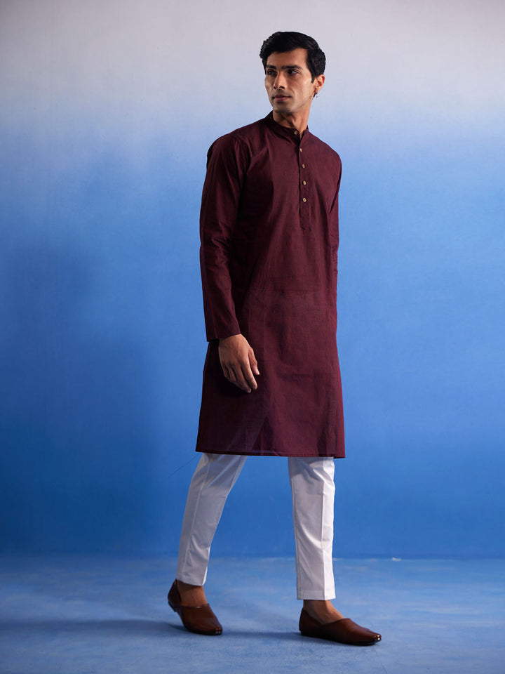 VASTRAMAY Men's Maroon Pure Cotton Handloom Kurta Pyjama Set