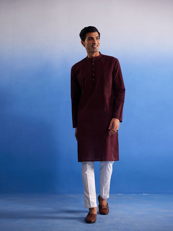 VASTRAMAY Men's Maroon Pure Cotton Handloom Kurta Pyjama Set