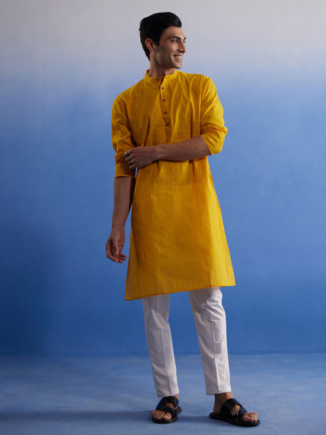 Vastramay Men's Mustard And White Pure Cotton Kurta Pyjama Set