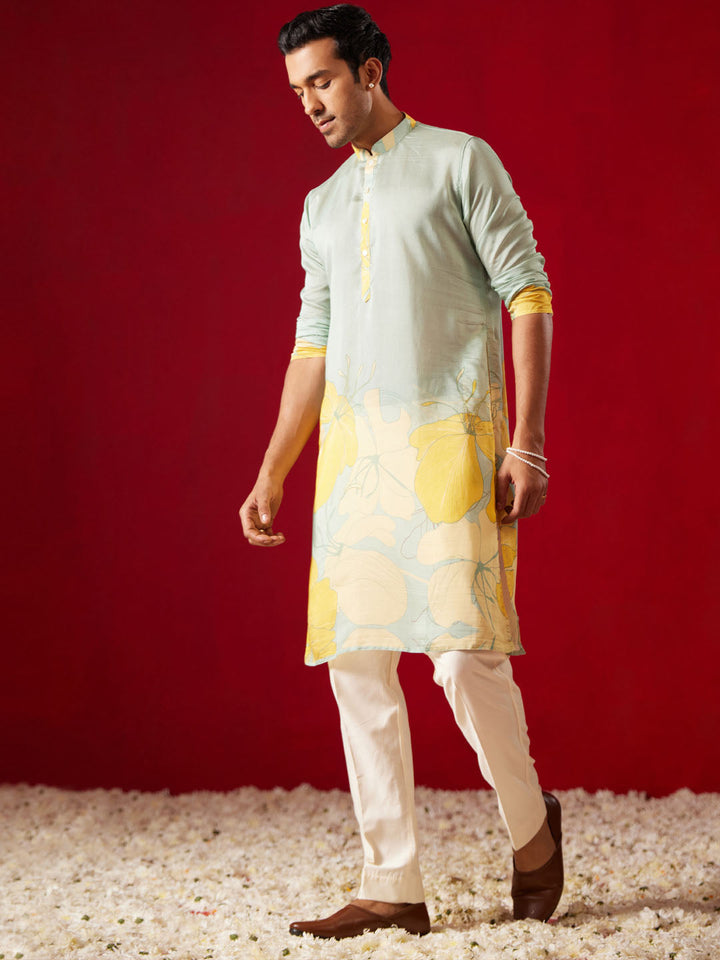 VASTRAMAY Men's Multicolor Base Yellow cotton Printed Kurta Pant Set