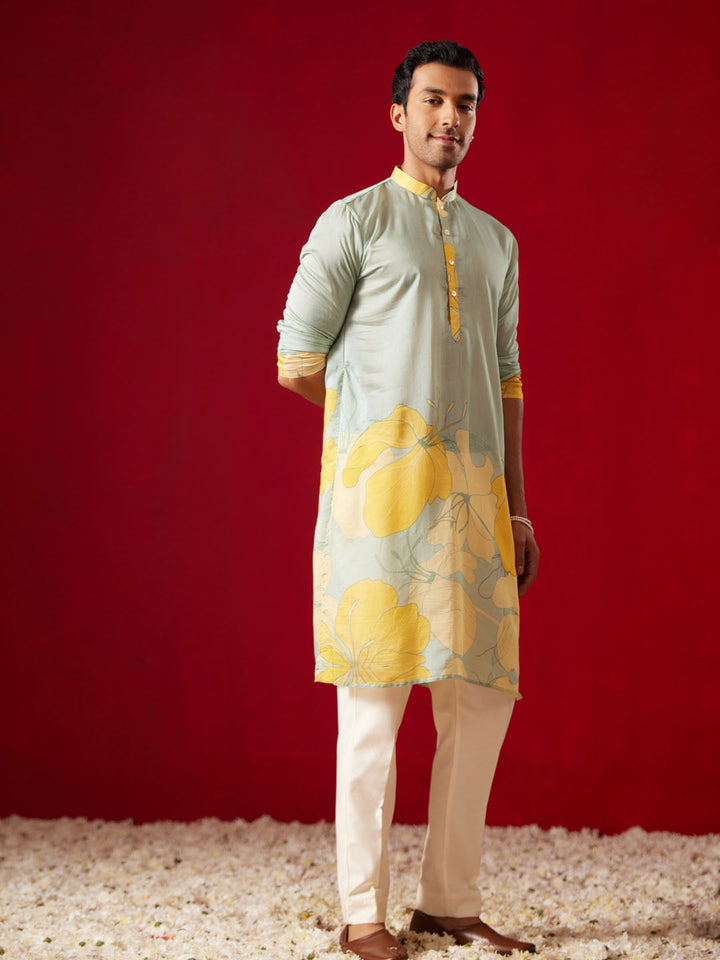 VASTRAMAY Men's Multicolor Base Yellow cotton Printed Kurta Pant Set