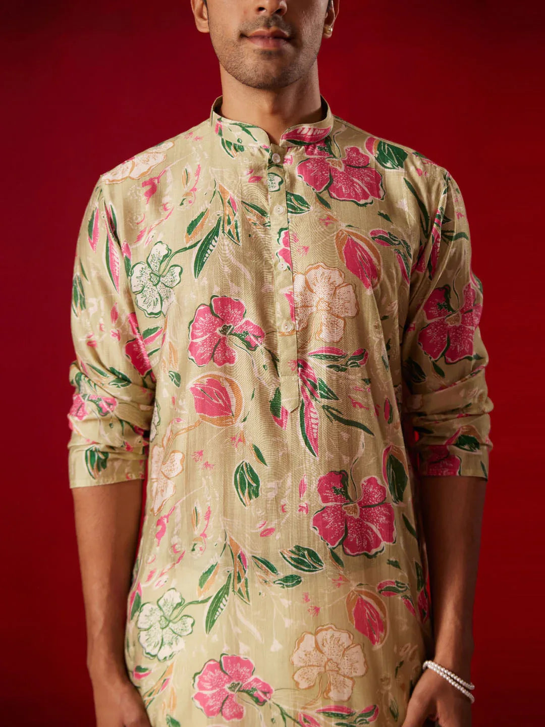 Men's Multicolor Base Beige Cotton Printed Kurta Pant Set