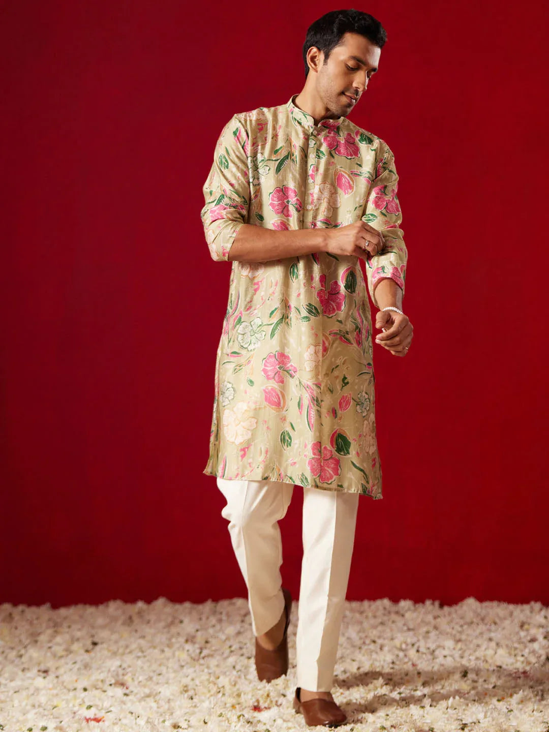 Men's Multicolor Base Beige Cotton Printed Kurta Pant Set