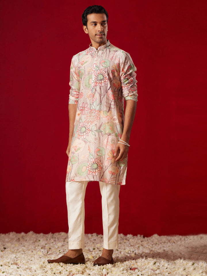 VASTRAMAY Men's Multicolor base Peach cotton Printed Kurta Pant Set