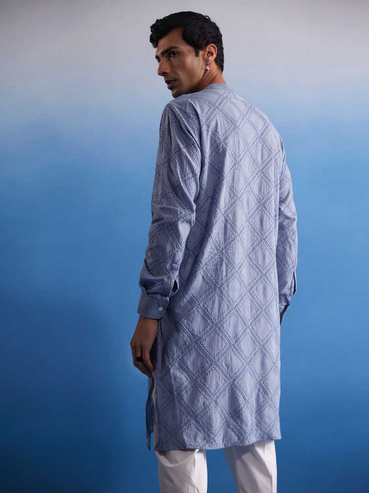 VASTRAMAY Men's Aqua Blue Hakooba Cotton Kurta With White Pant