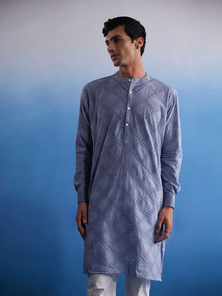 VASTRAMAY Men's Aqua Blue Hakooba Cotton Kurta With White Pant