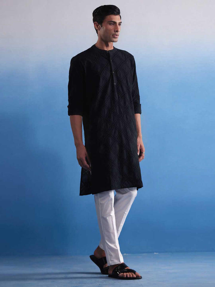 VASTRAMAY Men's Black Hakooba Cotton Kurta With White Pant