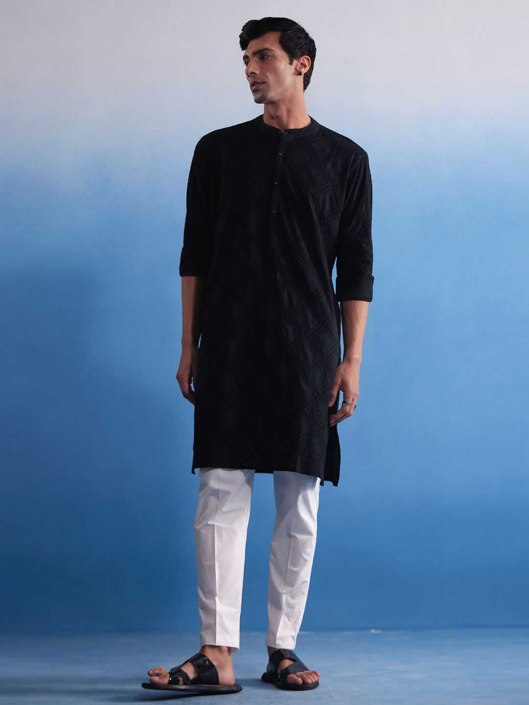 VASTRAMAY Men's Black Hakooba Cotton Kurta With White Pant