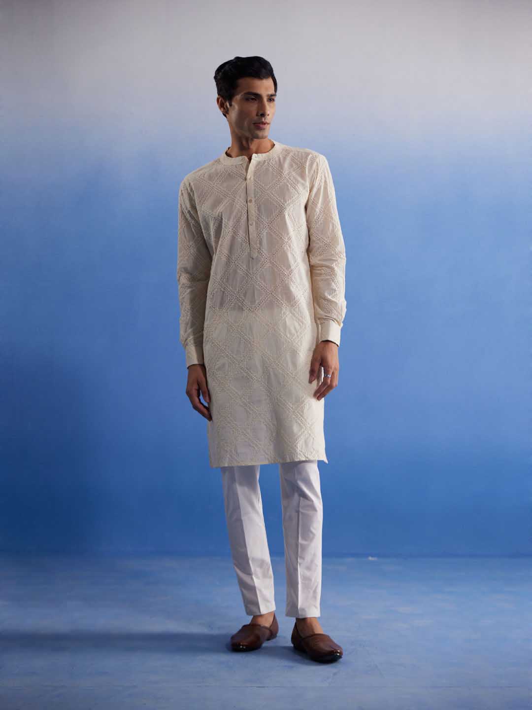 VASTRAMAY Men's Cream Hakooba Cotton Kurta With White Pant