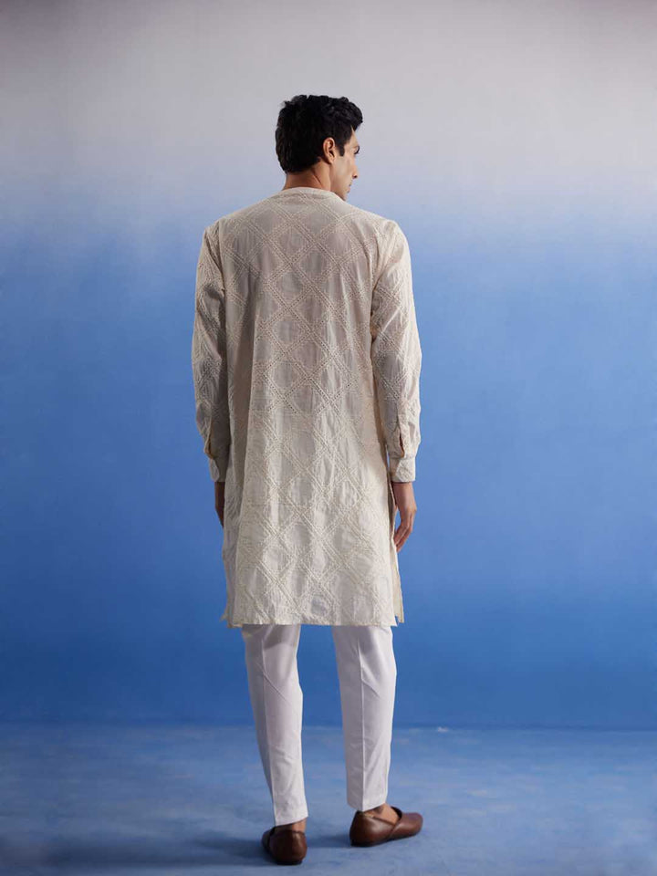 VASTRAMAY Men's Cream Hakooba Cotton Kurta With White Pant