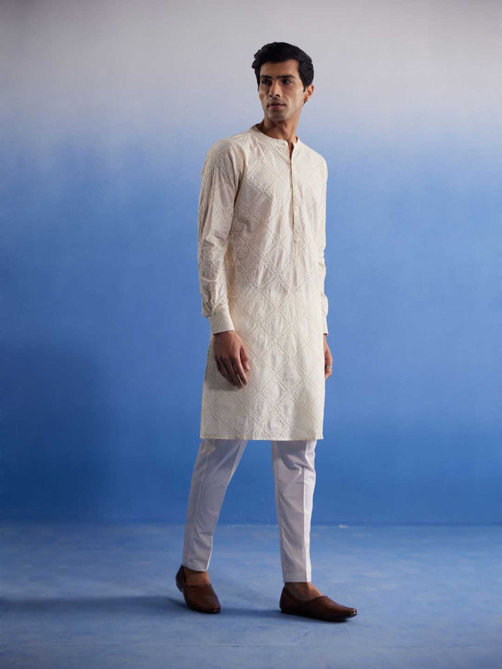 VASTRAMAY Men's Cream Hakooba Cotton Kurta With White Pant