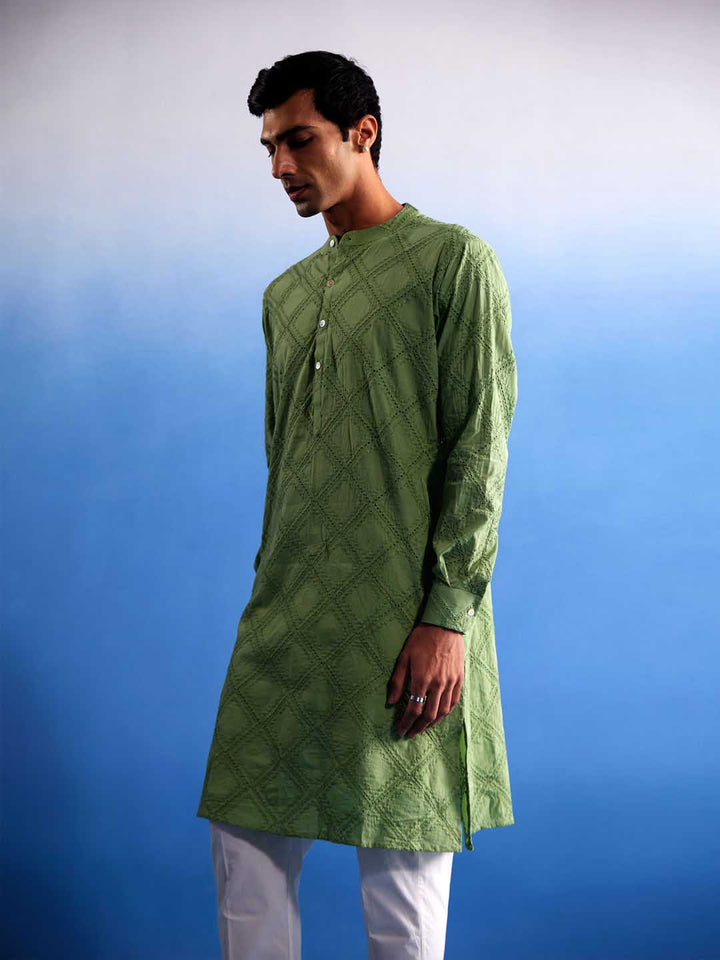 VASTRAMAY Men's Green Hakooba Cotton Kurta With White Pant