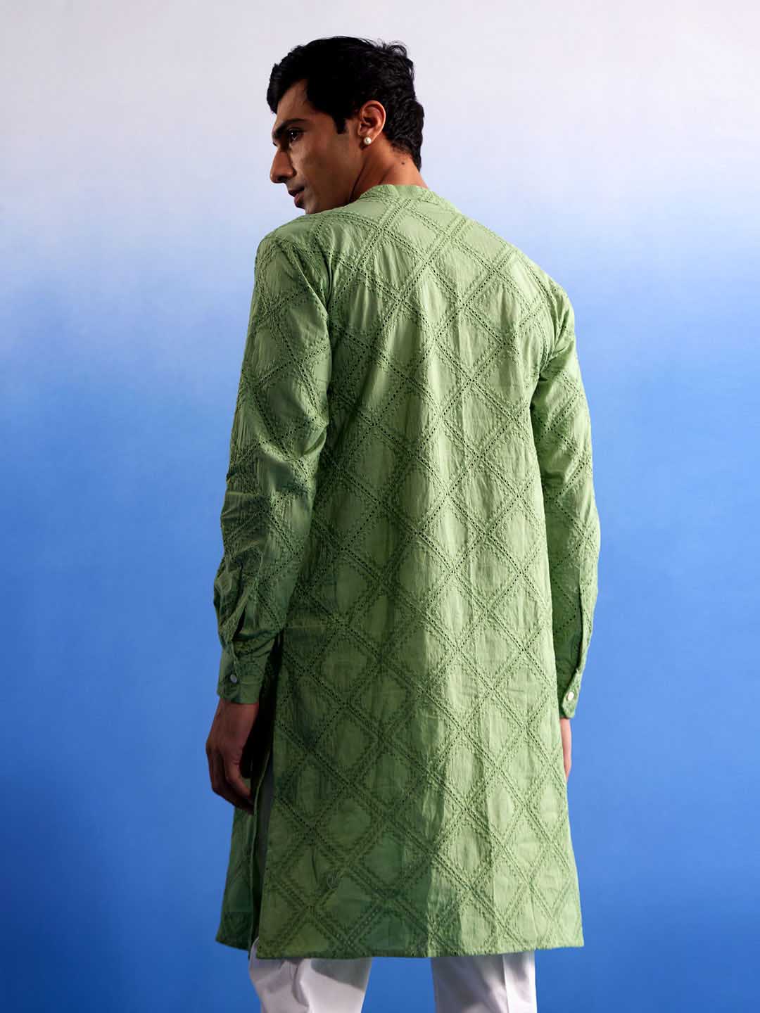 VASTRAMAY Men's Green Hakooba Cotton Kurta With White Pant