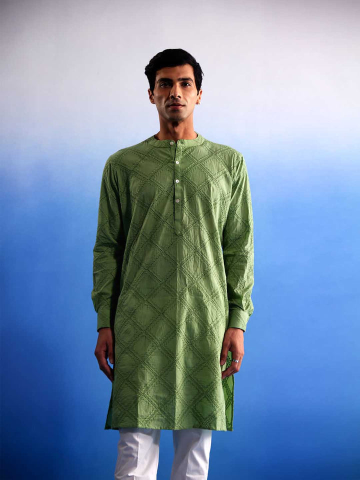 VASTRAMAY Men's Green Hakooba Cotton Kurta With White Pant