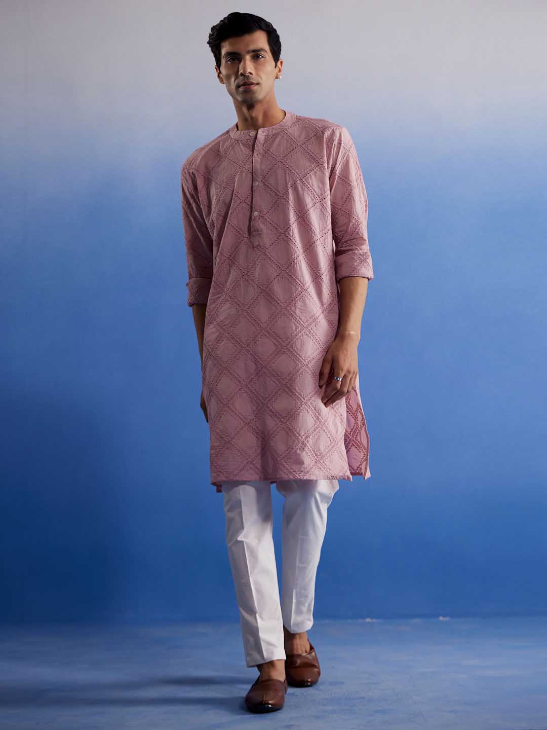 VASTRAMAY Men's Pink Hakooba Cotton Kurta With White Pant