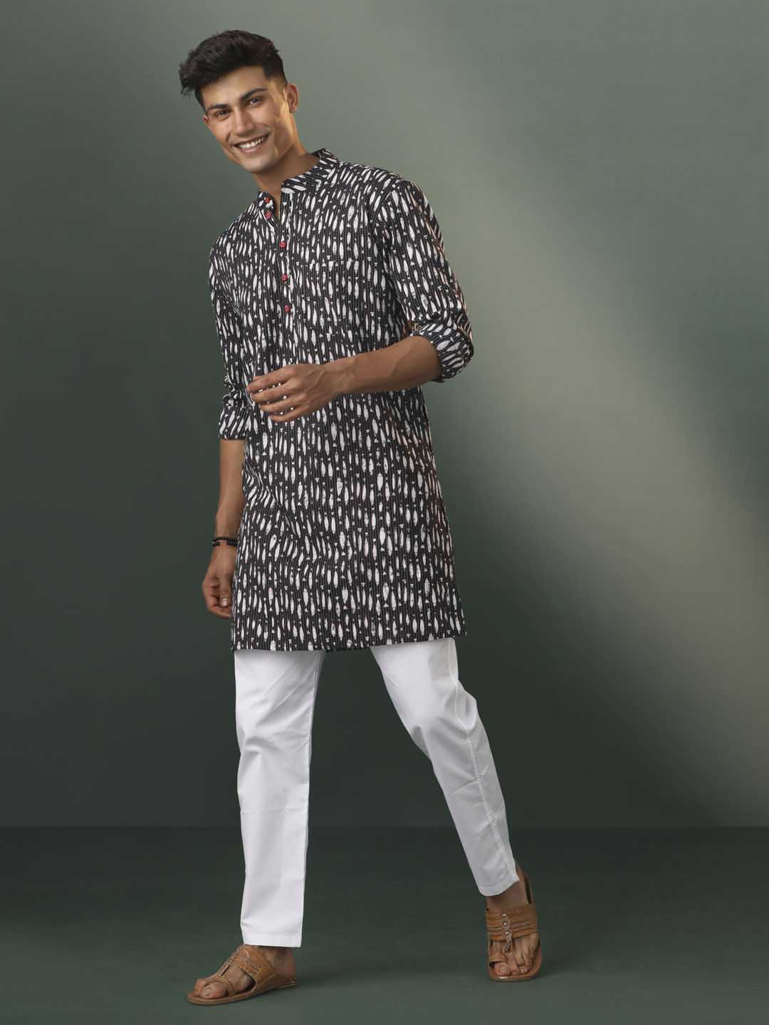 VASTRAMAY Men's Black Thread Work Printed Cotton Kurta Pyjama Set