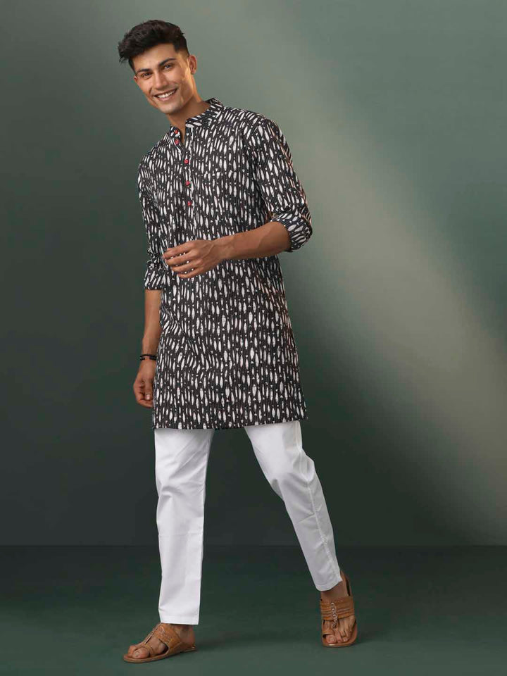 VASTRAMAY Men's Black Thread Work Printed Cotton Kurta Pyjama Set