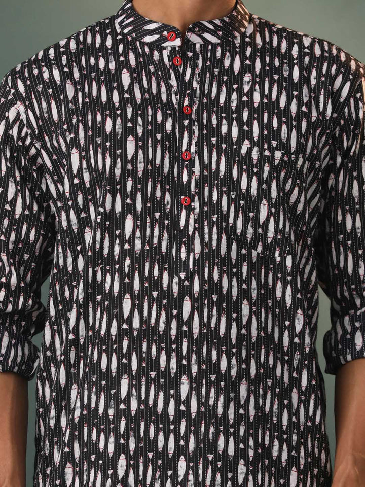 VASTRAMAY Men's Black Thread Work Printed Cotton Kurta Pyjama Set