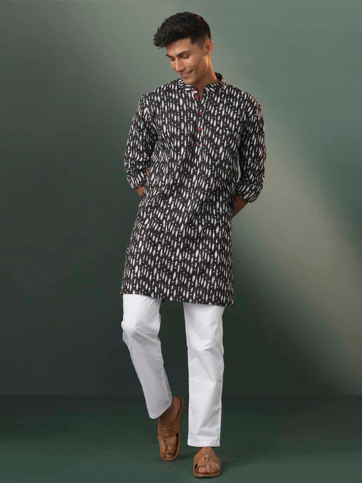 VASTRAMAY Men's Black Thread Work Printed Cotton Kurta Pyjama Set