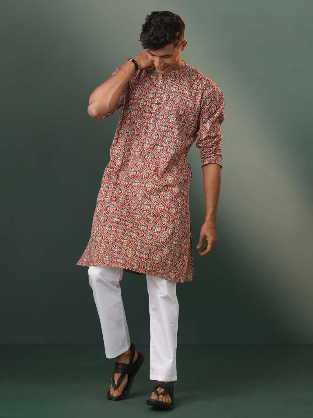 VASTRAMAY Men's Multi Color Base Red Ajrakh Printed Kurta