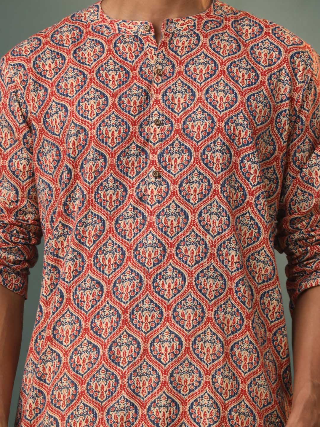 VASTRAMAY Men's Multi Color Base Red Kantha With Printed Kurta Pyjama Set