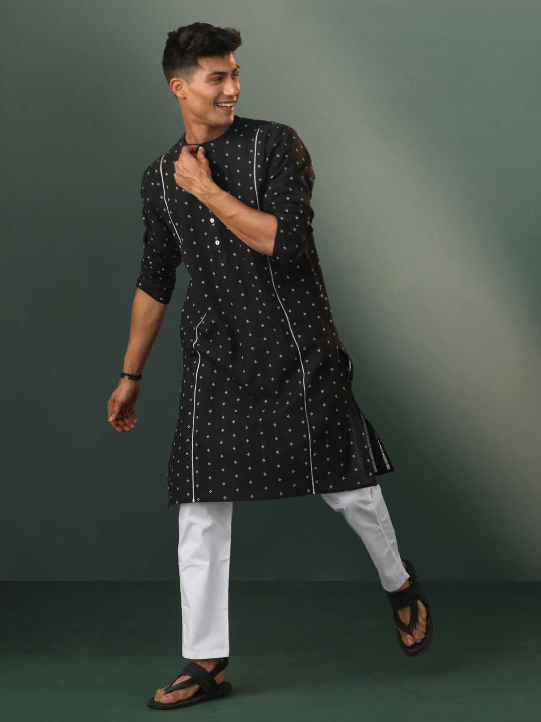 VASTRAMAY Men's Black Jacquard Cotton Kurta Pyjama Set