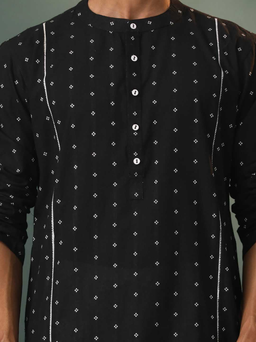 VASTRAMAY Men's Black Jacquard Cotton Kurta Pyjama Set