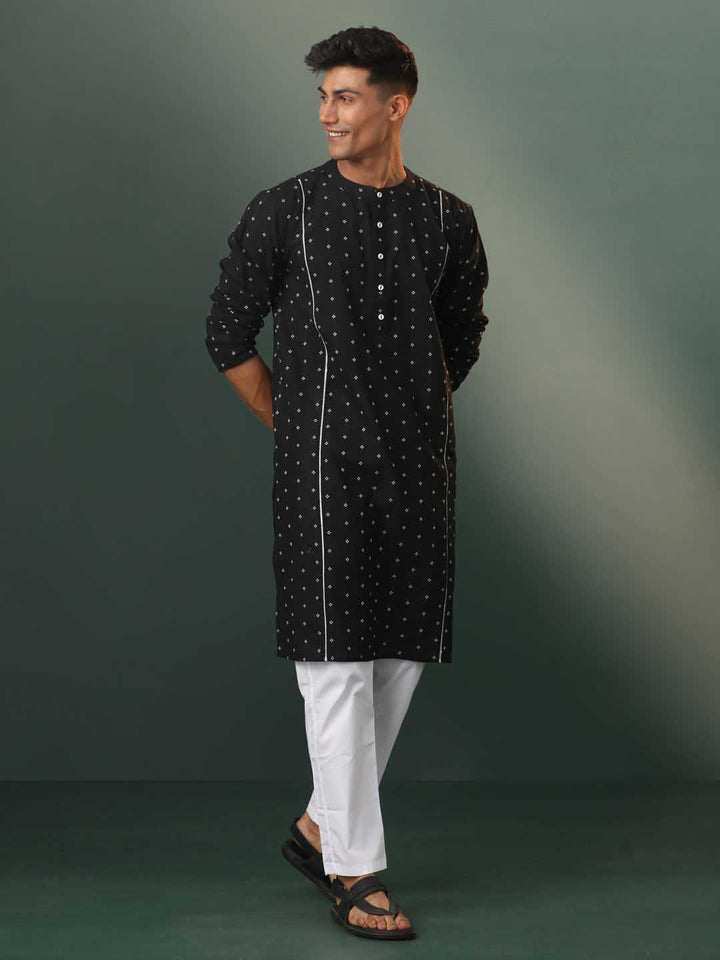 VASTRAMAY Men's Black Jacquard Cotton Kurta Pyjama Set