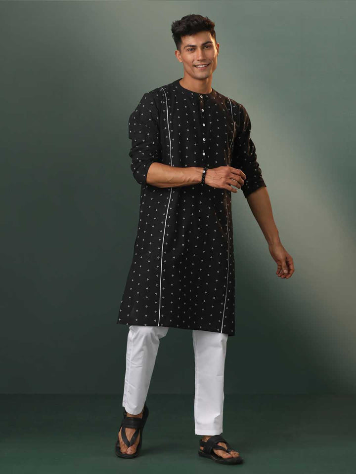 VASTRAMAY Men's Black Jacquard Cotton Kurta Pyjama Set