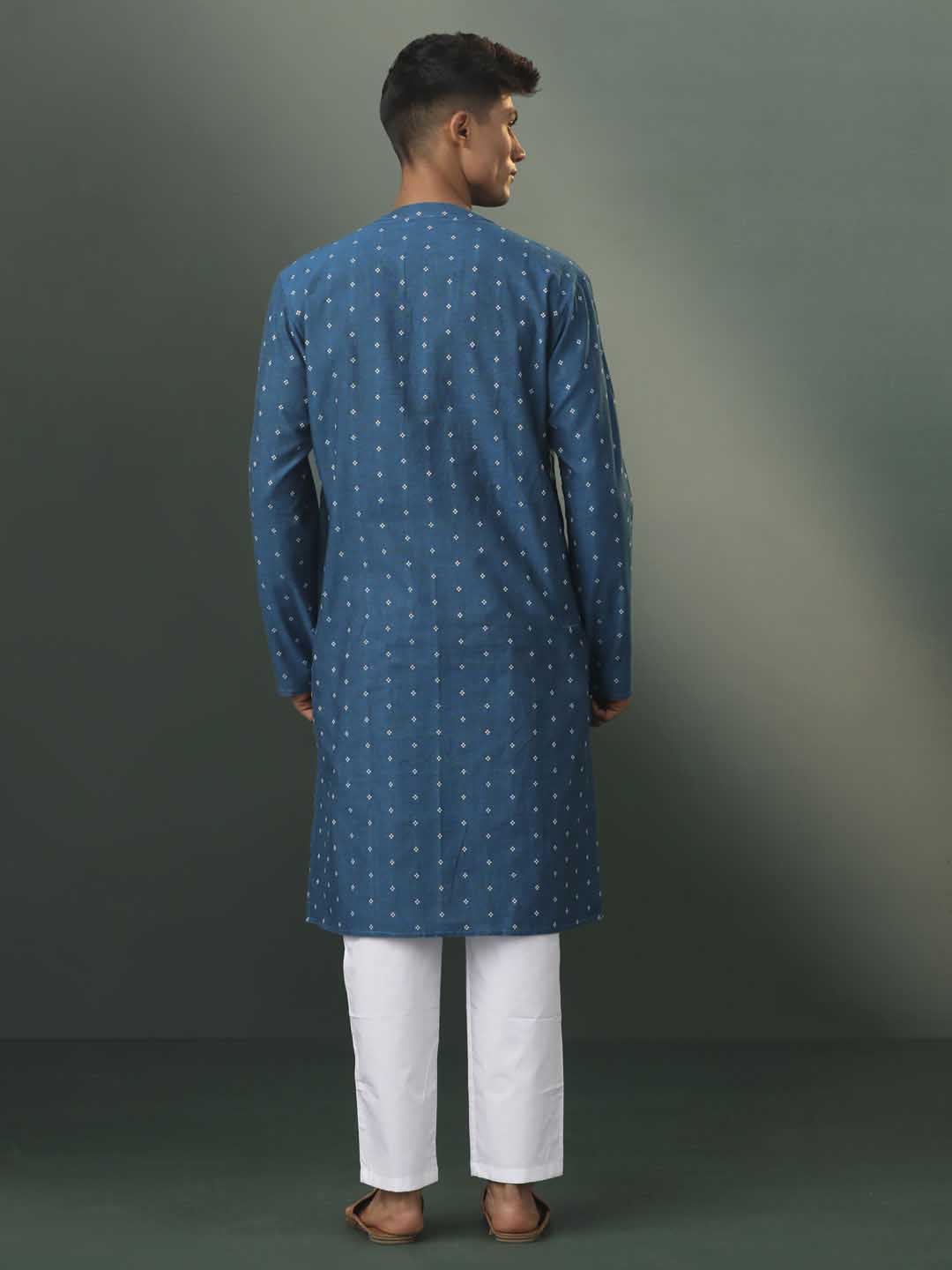 VASTRAMAY Men's Turquoise Blue Jacquard Cotton Kurta Pyjama Set