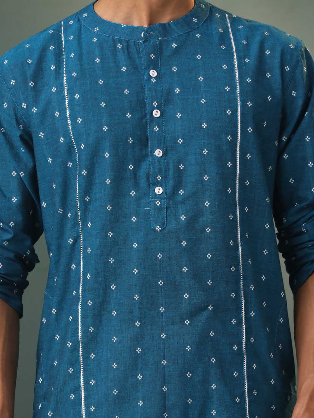 VASTRAMAY Men's Turquoise Blue Jacquard Cotton Kurta Pyjama Set