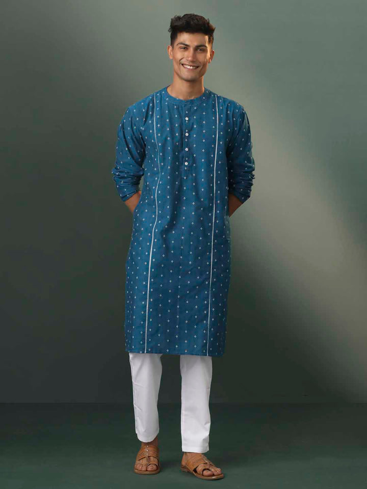 VASTRAMAY Men's Turquoise Blue Jacquard Cotton Kurta Pyjama Set