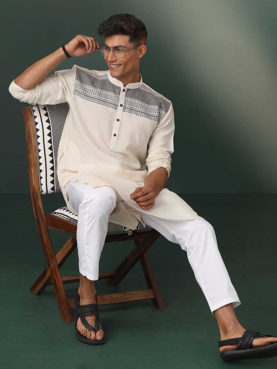 Men's Cream Jacquard Cotton Kurta