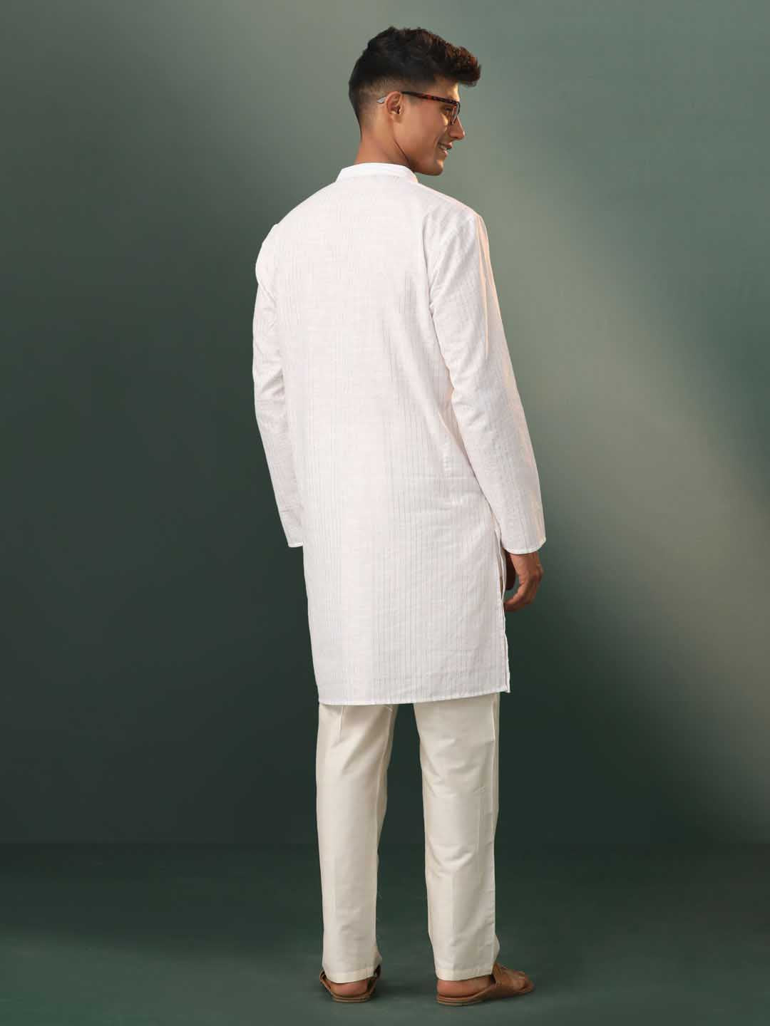 VASTRAMAY Men's White Jacquard Cotton Kurta Pyjama Set