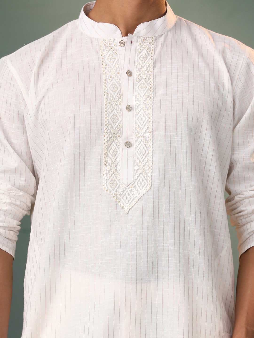 VASTRAMAY Men's White Jacquard Cotton Kurta Pyjama Set