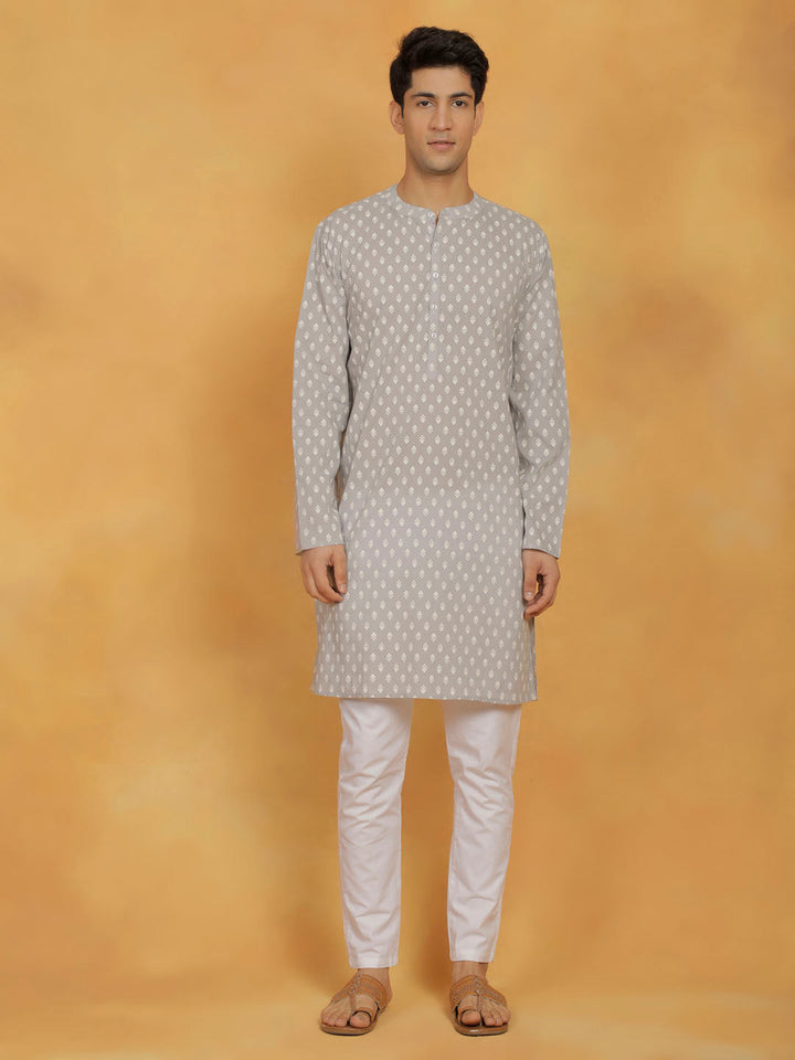 Vastramay Men's Gray And White Cotton Kurta and Pyjama Set