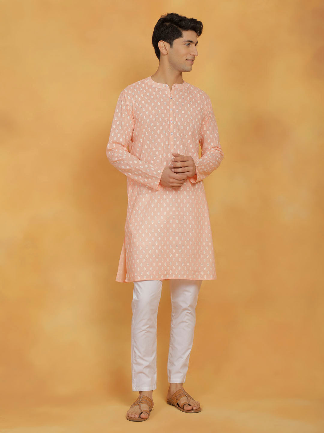 Vastramay Men's Peach And White Cotton Kurta and Pyjama Set