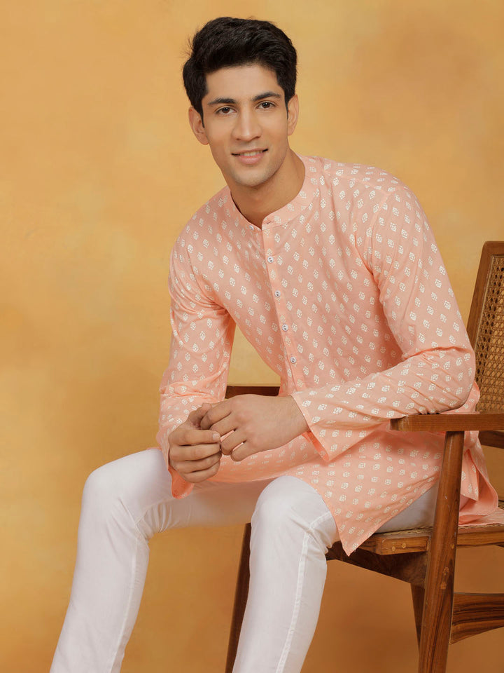 Vastramay Men's Peach And White Cotton Kurta and Pyjama Set