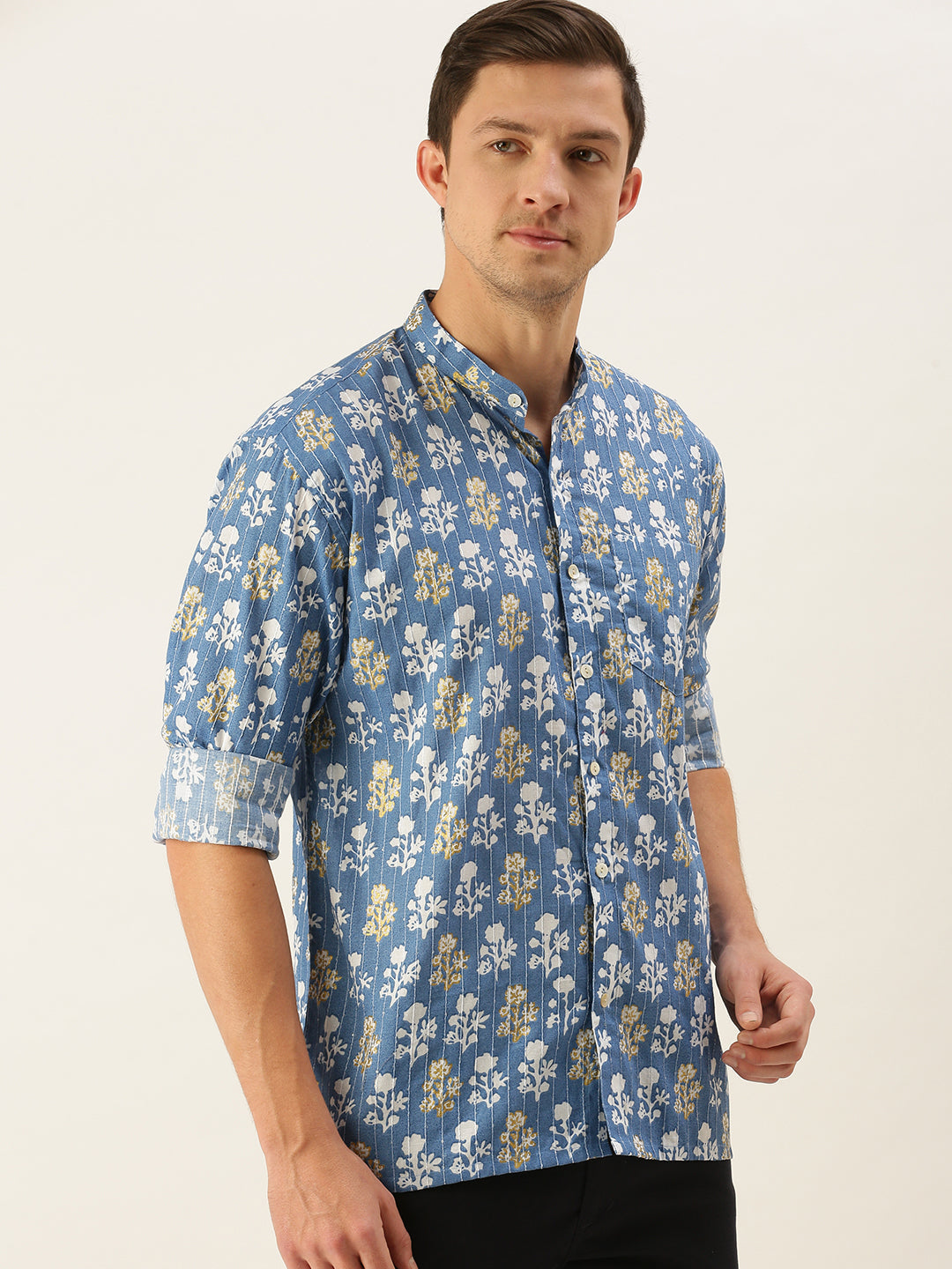 Vastramay Men's Aqua Blue Printed Embellished Shirt