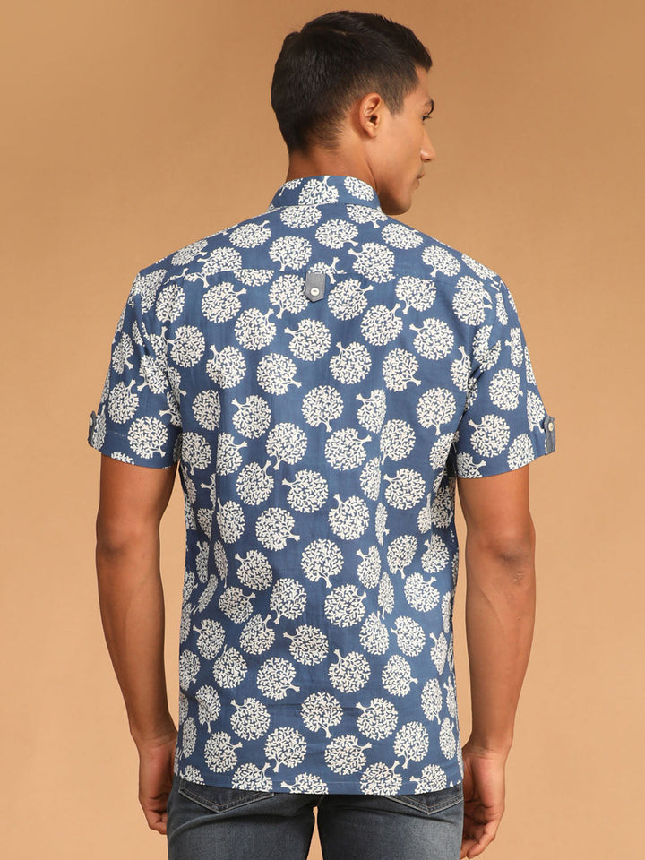 VASTRAMAY Men's Blue Printed Short Sleeve Shirt