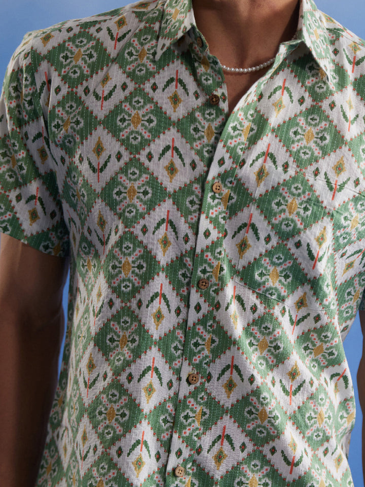  Stylish Vastramay Men's Green Ikkat Print Cotton Shirt with Traditional Indian Pattern