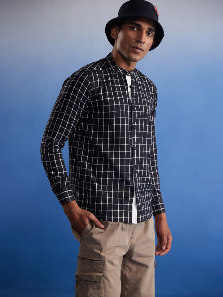 Front view of VASTRAMAY Men's Black Checked Cotton Shirt with button-down collar and long sleeves